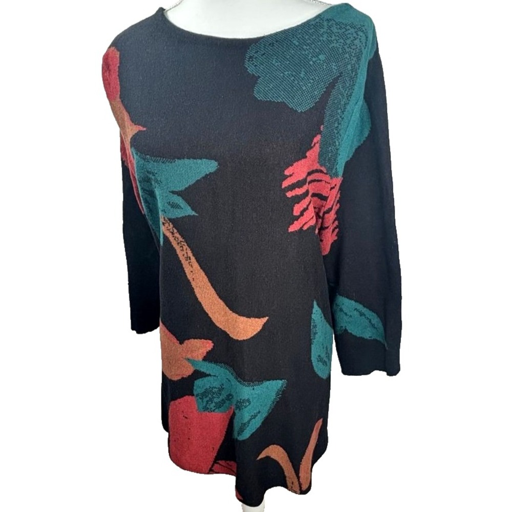 Chicos‎ Black Sweater Dress Abstract Floral Print Long Sleeve Knit Tunic Top XL